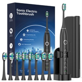 Rtauys S5 Upgraded Sonic Electric Toothbrush for Adults with 8 Brush Heads, IPX7 Travel Electric Toothbrush with Travel Case, 2.5 Hours Charge for 120 Days, 5 Modes with Built-in Smart Timer Black