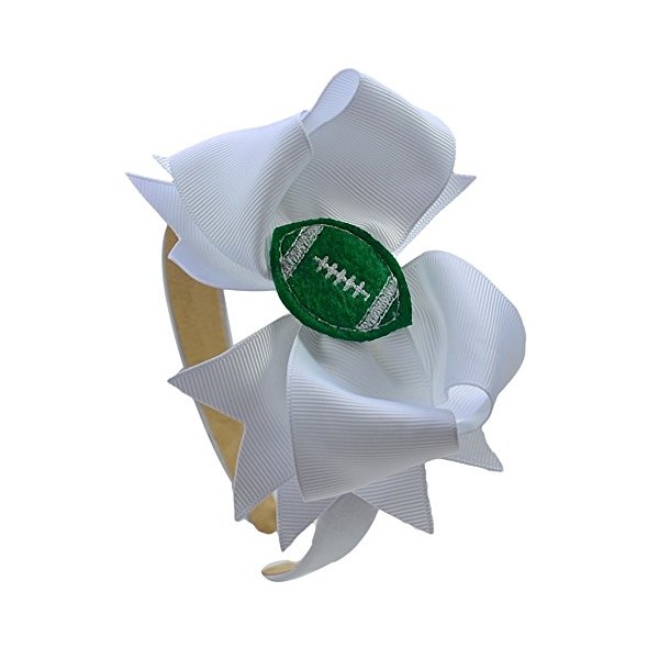Girls Football and Bow Arch Headband (White Band/White Bow/Green Ball)