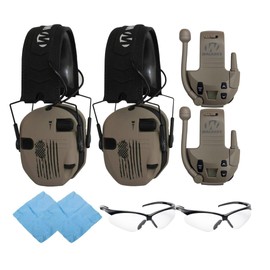 Walker’s Razor Digital Electronic Ear Muff (US Flag-FDE) (2-Pack) Bundle with Walkie Talkie Attachment (Flat Dark Earth) (2-Pack), Sport Glasses (Clear) (2-Pack), and Cleaning Cloth (2-Pack) (8 Items)
