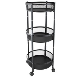 Organize It All Round Storage Rolling Cart | Dimensions: 14.56"x 14.56"x 34.64" | 3 Tier Mesh Round Baskets | Collapsible | Lightweight | Home Organization | Black.