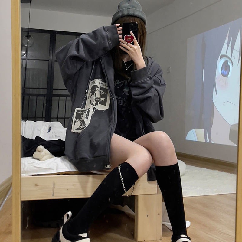 Alt Emo Clothes Women Oversized Zip Up Hoodies Rhinestone Y2k