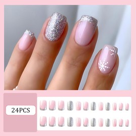 Christmas Press On Nails Medium, Christmas Nails Glue On，24Pcs Christmas Fake Nails With Glue, Christmas Nails Press On With Glitter French Christmas Snowflake Design，Stick On Nails for Women
