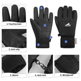 Achiou Kids Ski Gloves, Waterproof Winter Snow Snowboard Gloves Warm Touchscreen for Kids Boys Girls Children Skiing Cycling