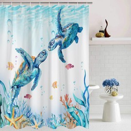 JEJOMEAG Nautical Sea Turtle Shower Curtain Blue Ocean Beach Coastal Tropical Fish Marine Life Polyester Fabric Bathroom Curtain with Hooks, 70Wx70H