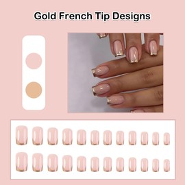ANDGING French Tip Press on Nails Gold Square Short Medium Glue on Nails with Designs Manicure Classy Glossy Fake Nails for Women Wedding Full Cover Acrylic False Stick on Nails 24 Pcs