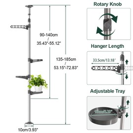 Hershii Indoor Plant Stand Pole Tension Rod Corner Standing Shelf Adjustable Flower Pots Holder Display Rack with 1 Hook & 3 Trays - Grey