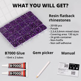 b7000 Glue and 20100Pcs Dark Purple Rhinestones Flatback for Crafts Clothes Clothing, Bulk Rhinestones Flat Back Diamonds Crystal Gems Kit for Shoes Shirts Sneakers, Multi Sizes 2-6mm