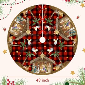 Christmas Tree Skirt 48 Inch Christmas Xmas Winter Tree Skirt Christmas Tree Skirt Collar Xmas Decorative Tree Mat Rustic Christmas Decorations for Home Office Winter Holiday Party Decor (Jesus)
