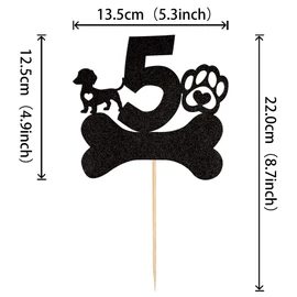 1 decoración para tartas de quinto cumpleaños con purpurina negra, pata de perro de cinco años de edad, cumpleaños, cachorro, hueso, para despedidas de bebé, niños y niñas, suministros de decoración de tartas para fiestas de 5º cumpleaños