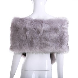 KAMA BRIDAL Women Long Faux Fur Shawl Bridal Stole Cover Up Winter Soft Bolero Scarf Silver Grey