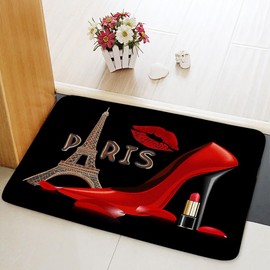 Black Bath Mat Makeup Red High Heel Lipstick Eiffel Tower Valentine's Day Romantic Love Fashion Girl Modern Bathroom Rugs Non Slip Backing Shower Mat Door Rug Bedroom Kitchen Carpet 17.8x29.5 Inch