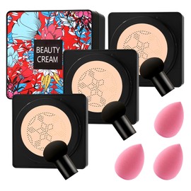 3PCS Mushroom Head Air Cushion CC Cream Foundation,Moisturizing BB Cream Foundation Makeup,Waterproof Full Coverage Foundation,Moisture Cushion CC Cream Concealer with 3 Makeup Sponges(Natural)