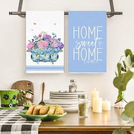 Spring Blue Floral Kitchen Towels Dish Towels, Hydrangea Flower Hand Towel 16x24 Inch Drying Dishcloth for Home Decor Housewarming Gift, Set of 4