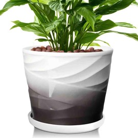 YUFDA 8 Inch Plant Pot,Ceramic Planter with Drainage and Saucer,Ceramic Pots for Plants,Indoor Plant pots,Ceramic Flower pots(Dark Gray+White)