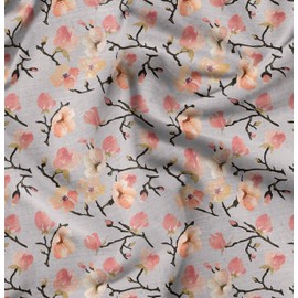 Soimoi Gray Poly Crepe Fabric Peach Flower Watercolor Print Fabric by The Metre 42 Inch Wide