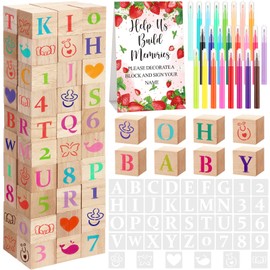 Wonderjune 147 Pcs Baby Shower Blocks Games Sets, 80 DIY Blank Wooden Block 42 Stencils 24 Watercolor Marker 1 Decorate a Block Game Sign for Gender Reveal Baby Shower Party Supplies(Strawberry)