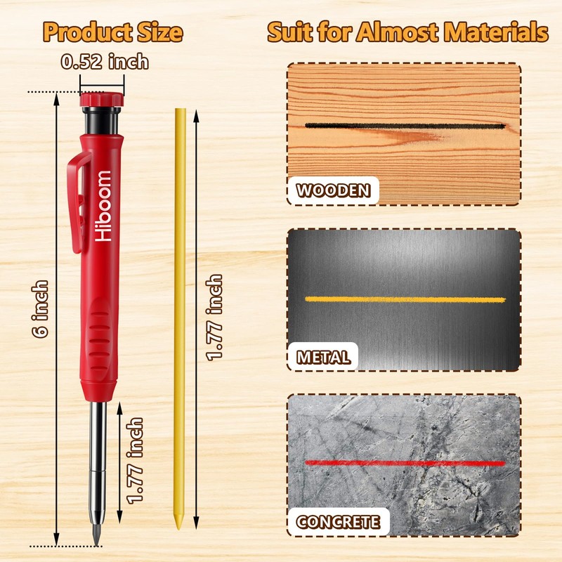 Hiboom Mechanical Carpenter Pencil with Retractable Holder, Deep Hole Construction