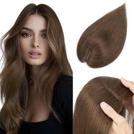 Elailite Hairpiece Real Hair Topper Clip-In Toupee Women Silk Base Clip-In Extensions Remy Silk Base Straight #04 Medium Brown 25 cm