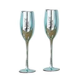 Two's Company Pop, Fizz, Clink! Set of 2 Blue Metallic Glass Champagne Flute (Sit Back & Relax, Champagne is the Answer)