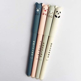 Dreamxue 4 Pcs Cute Girly Gel Pens, 0.35mm Blue Ink, Kawaii Pig Bear Cat Mouse Erasable Gel Pens for School Office Supplies Stationery Gift