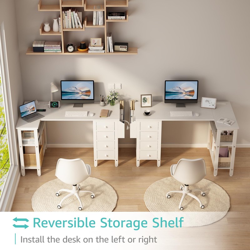 Lufeiya White L Shaped Computer Desk with Drawers & Storage