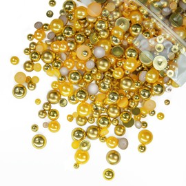 qiipii 51g Half Round Pearls for Crafting Bright Gold Matte Golden Set Colorful 4-10mm Mix Sizes Flatback Beads Charms for Nails Face Eyes Makeup Tumblers Bottles Mugs DIY Crafts Clothes Shoes Phones