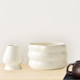 Fonowx Japanese Ceramic Matcha Bowl Ceremonial Matcha Bowl with Whisk Holder Traditional Handmade Chawan for Green Tea Matcha Powder, Bright White