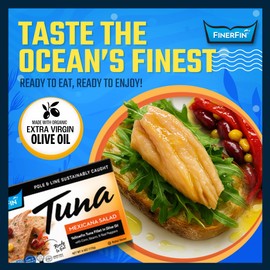 FinerFin Yellowfin Tuna Fillets in Organic Olive Oil | Mexicana Salad Flavor | Premium Canned Tuna Fish with EVOO | Gourmet Ready-to-Eat Pole & Line Caught Fillets | 4.4oz can - 12 Pack