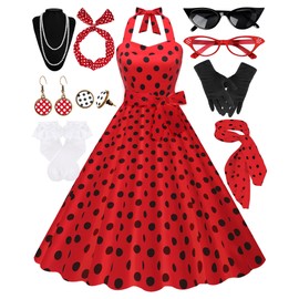 Women's 1950s Polka Dress Set Audrey Vintage-inspired Cocktail Halter Swing Dress with Accessories 10PCS Red-S