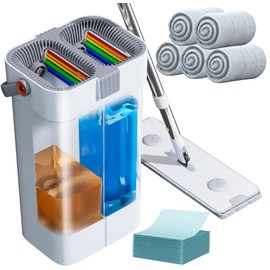 POPMOP Mop and Bucket Set, Flat Mop and Bucket System, Mop Bucket with Wringer, Wall Mop with Adjustable Handle (Max 61 Inches), 5 Washable Microfiber Mop Pads