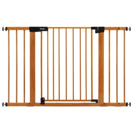 BABELIO 29-48" Metal Baby Gate with Brown Wood Pattern, Auto Close Dog Gate for The House、Stairs and Doorways, Pressure Mounted Pet Gate with Door, Safety Gate for Child and Pets