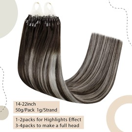 Easyouth Micro Ring Extensions, Ombre Real Hair, Micro Extensions, Real Hair, Remy Micro Beads Extensions, Real Hair, Black Mix Silver and Black, 20 Inches, 50 g, #1B/Silver/1B
