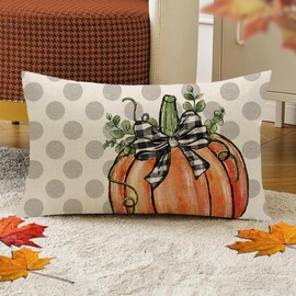 Faromily Fall Pumpkin Decor Pillow Covers 12x20 Inch Fall Thanksgiving Gray Polka Dots Bowknot Pumpkin Lumbar Throw Pillows Cushion Case Autumn Decoration for Home Couch F053 (Orange)