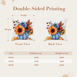 SEGXCFL Fall Pillow Covers 18x18 Set of 4 Velvet Pillow Cover Pumpkin Floral Decorative Pillow Case Vintage Blue Indoor Outdoor Home Decor for Couch Bed Living Room