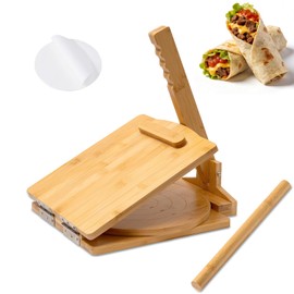 2026 New Model Upgraded Wooden Tortilla Press,10 Inches Rotatable,with Rolling Pin & 50 Pcs Parchment Paper, for Homemade Tortillera, Roti, Chapati, Taco, Pataconera, Burritos