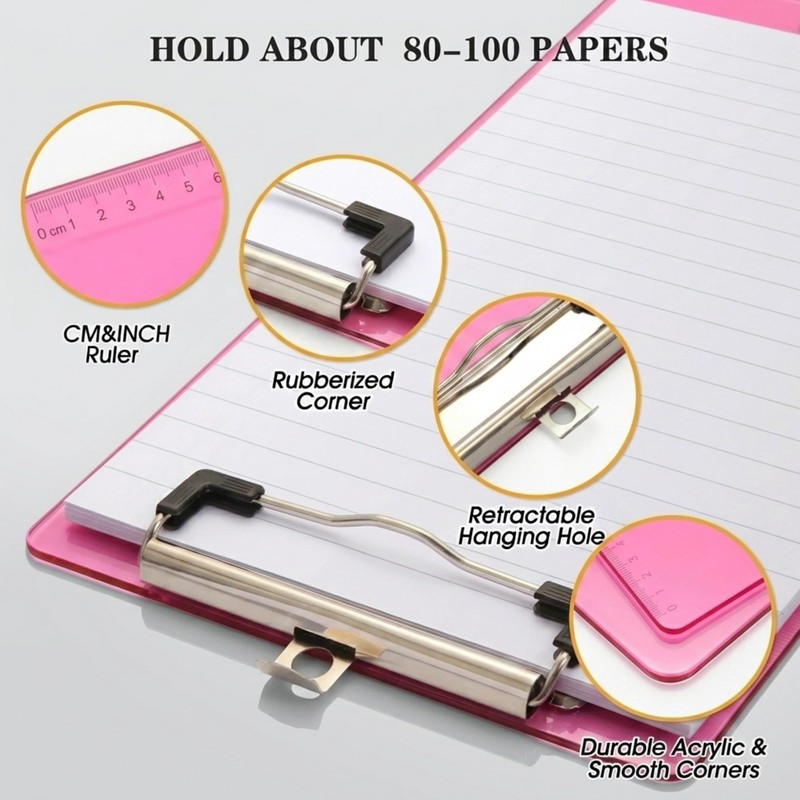 Clear Pink Plastic Clipboard,Clip Boards 8.5 x 11 with Ruler,Letter