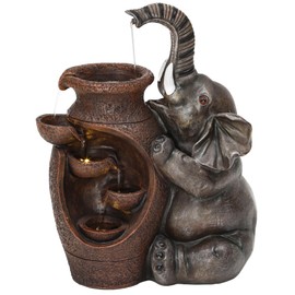 Ultym 19" Elephant Jars Outdoor Fountain, 5-Tier Rustic Playful Resin Statue Water Feature with Lights, Soothing Cascading Waterfall for Charming Tranquil Garden, Patio, Yard, Porch, or Home Décor