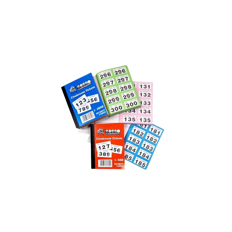Bingosupermarket Raffle Tickets 1-1000 Cloakroom Tickets - Assorted Colours bordered.