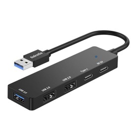 USB Hub 5 Ports, Multi-Port Hub with USB 3.0, USB A Splitter for Laptop with USB C Data Port, Portable USB Mini Multiport Expander for Laptop, PC, HDD, Desktop, HP, Dell XPS, etc