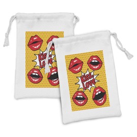 Lunarable Modern Fabric Pouch Set of 2, Vintage Retro Hot Woman Red Lips with Dots Backdrop Artwork Image, Small Drawstring Bag for Toiletries Masks and Favors, 9" x 6", Marigold Scarlet