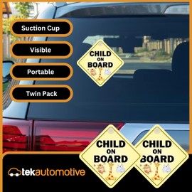 Tek Automotive Child on Board Car Sign – Twin Pack, 14x14cm Screen Printed Vinyl, Baby on Board Sticker for Car, Window Stickers for Cars, Easy Fit with Window Sucker, Car Accessories for Kids