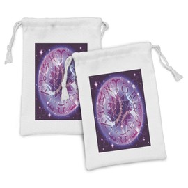 Ambesonne Astrology Fabric Pouch Set of 2, Zodiac Circle in Space with Abstract Gender Signs Star Shape Center, Small Drawstring Bag for Toiletries Masks and Favors, 9" x 6", Purple and Pale Blue