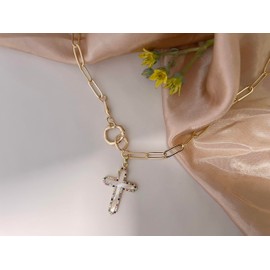 AnnChbpl cross necklace for women chain link shell pearl pendant 14K Gold plated Jewelry wife birthday mother gift