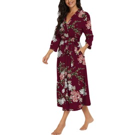 PrinStory Women's Bathrobe, Lightweight, 3/4 Sleeve, Dressing Gown, V-Neck, Kimono Robe, Long Sleepwear