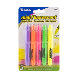 BAZIC Mini Highlighter Pen Chisel Tip Broad Fine Line Highlighters, Unscented Highlighting Coloring Marker (5/Pack), 144-Packs
