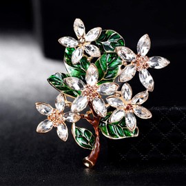Broche para mujer, diseño de hojas verdes con diamantes de imitación