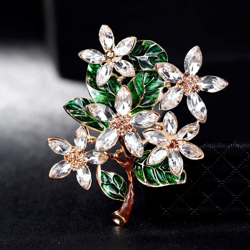 Broche para mujer, diseño de hojas verdes con diamantes de