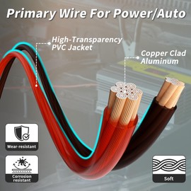 0 Gauge Wire (25FT Black + 25FT Red) CCA, Low Voltage Primary Automotive or Ground Cable, 1/0 Battery Cable, Car Audio, RV, Car Amplifier Power, Amp Wiring, Translucent Jacket