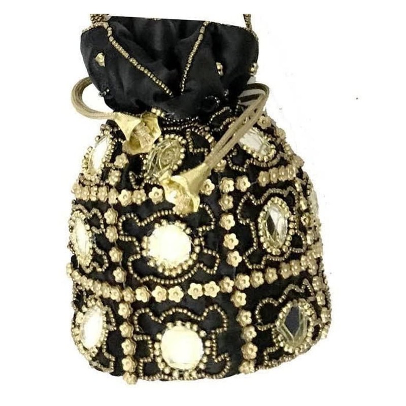 Purpledip Potli Bag (Drawstring Purse): Gold Thread Sequin Embroidery, deep