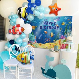 Under the Sea Happy Birthday Banner Backdrop Balloons Sea Turtle Shark Whale Beach Party Decorations Supplies Ocean Party Decorations